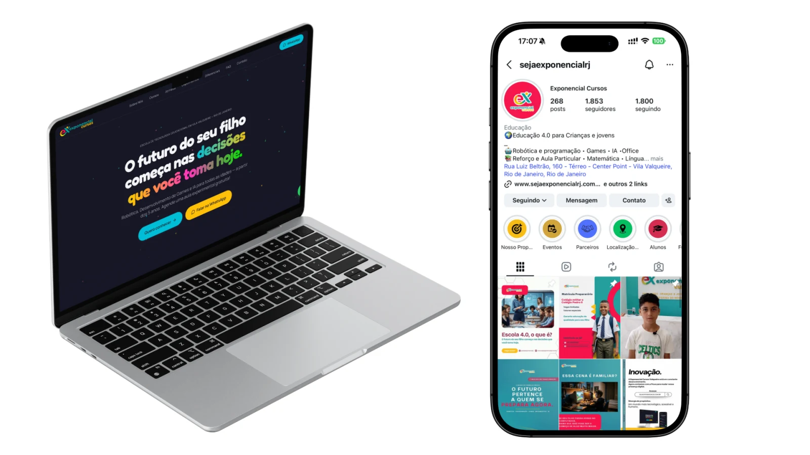 Case Exponencial Cursos: notebook mostrando o site e celular mostrando o feed do Instagram