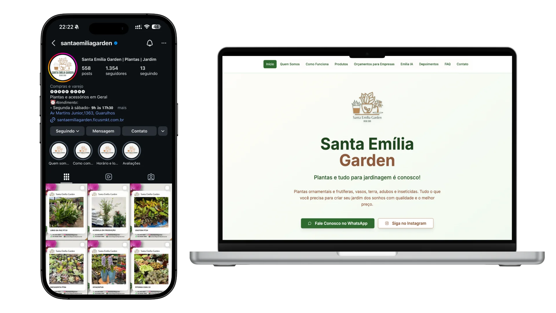 Case Santa Emília Garden: notebook mostrando o site institucional e celular mostrando o feed do Instagram